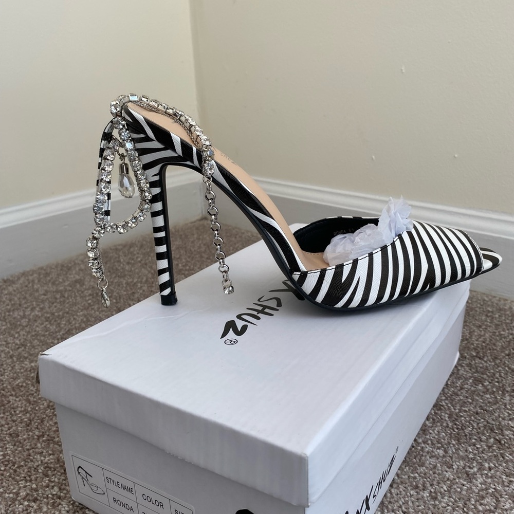 Rhinestone ankle zebra print heels